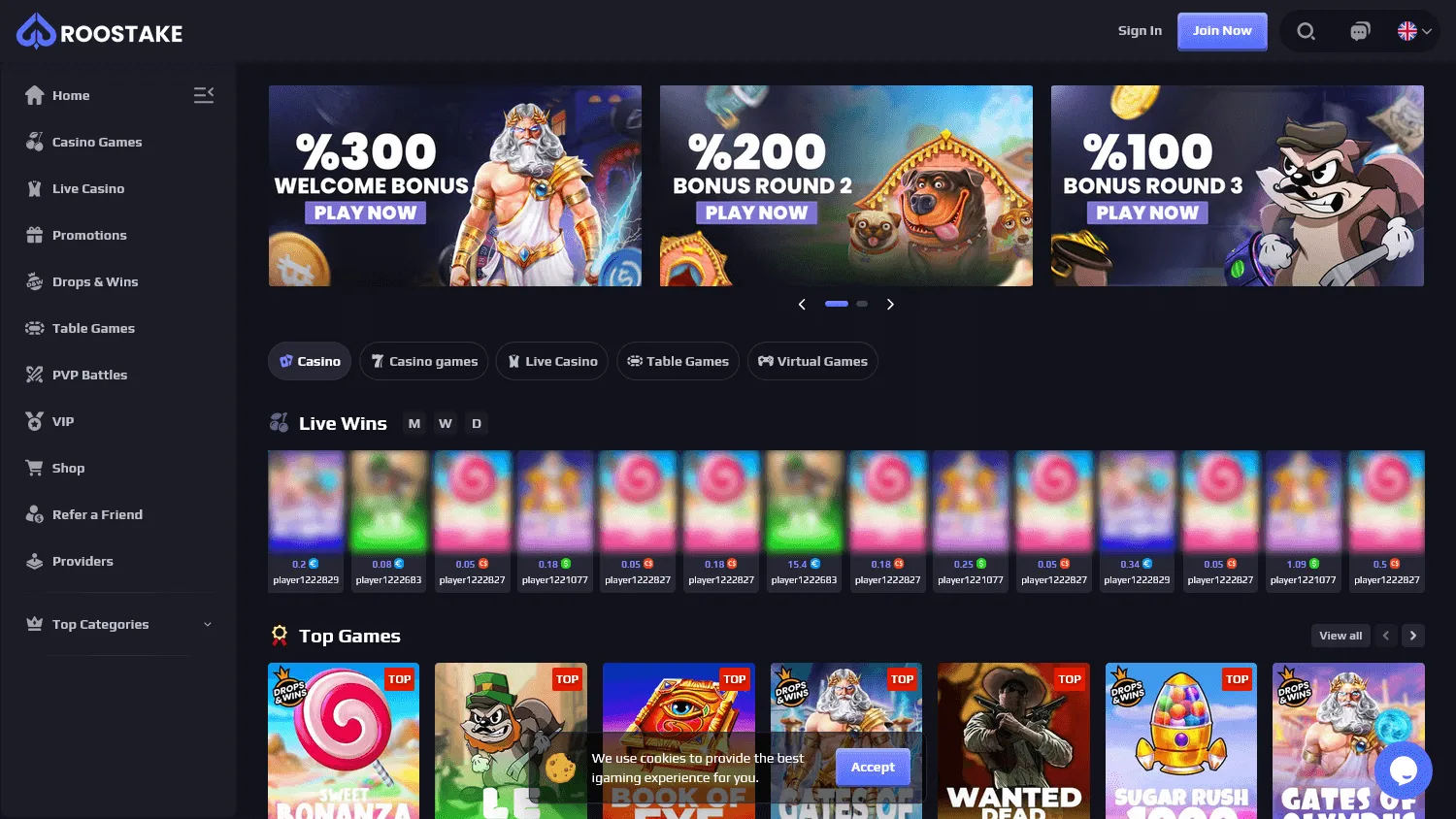 Roostake Casino games view on desktop