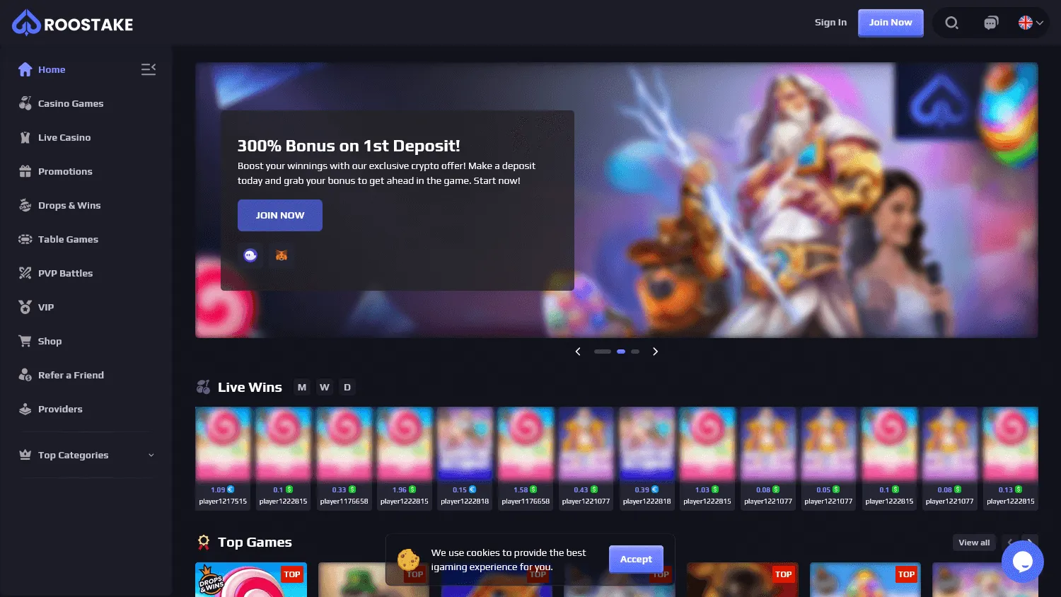 Roostake Casino home view on desktop