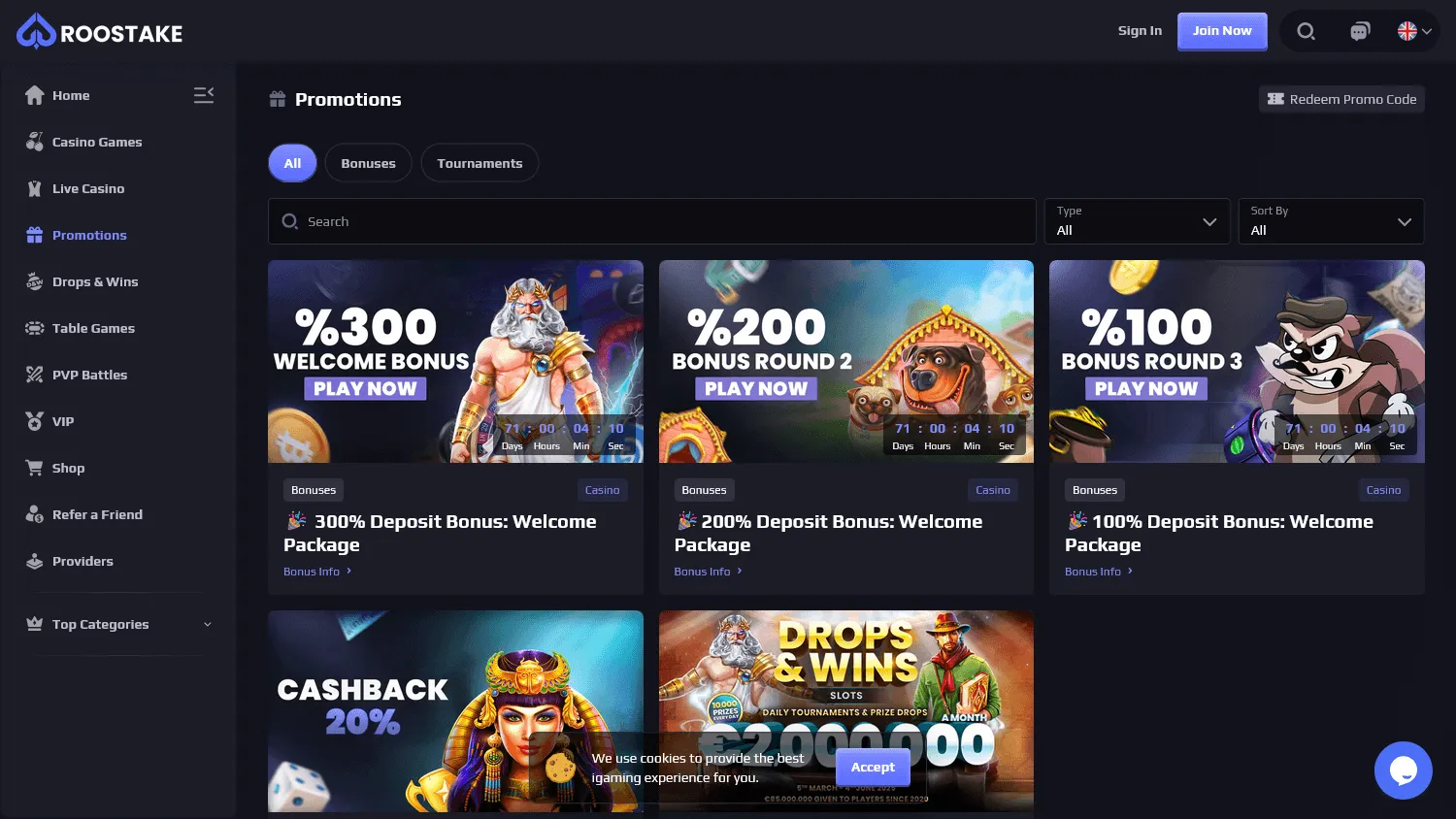 Roostake Casino promotions view on desktop